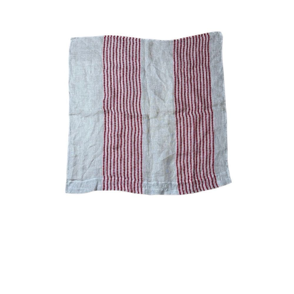 Vintage sheer washed linen and embroidered single curtain panel tan and red